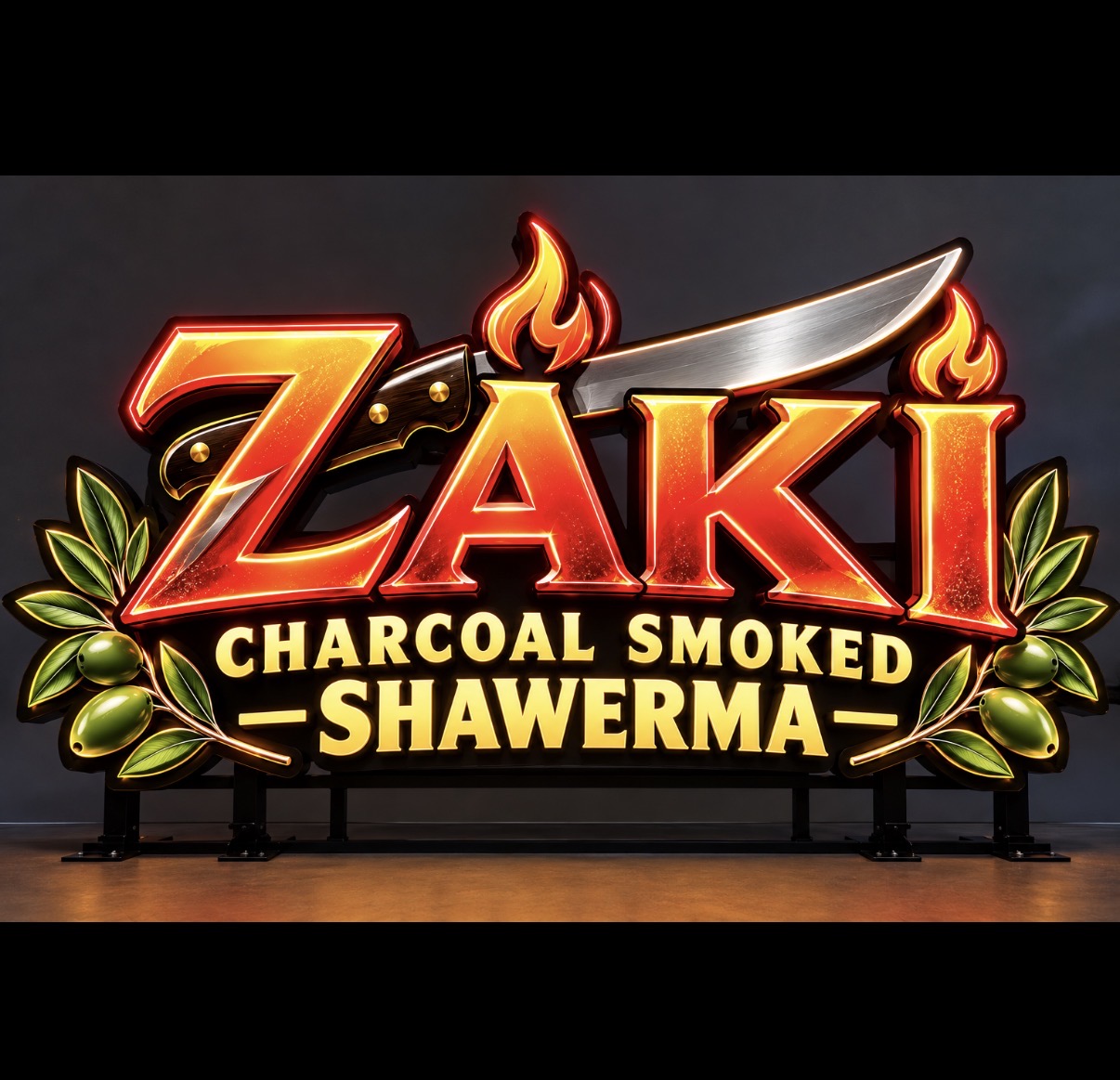 ZAKI Charcoal Smoked Shawerma official logo with flames, knife, and olive branches
